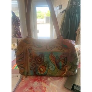 Anuschka Hand Painted Leather Shoulder Bag Peacock Butterfly Floral Tote Tan